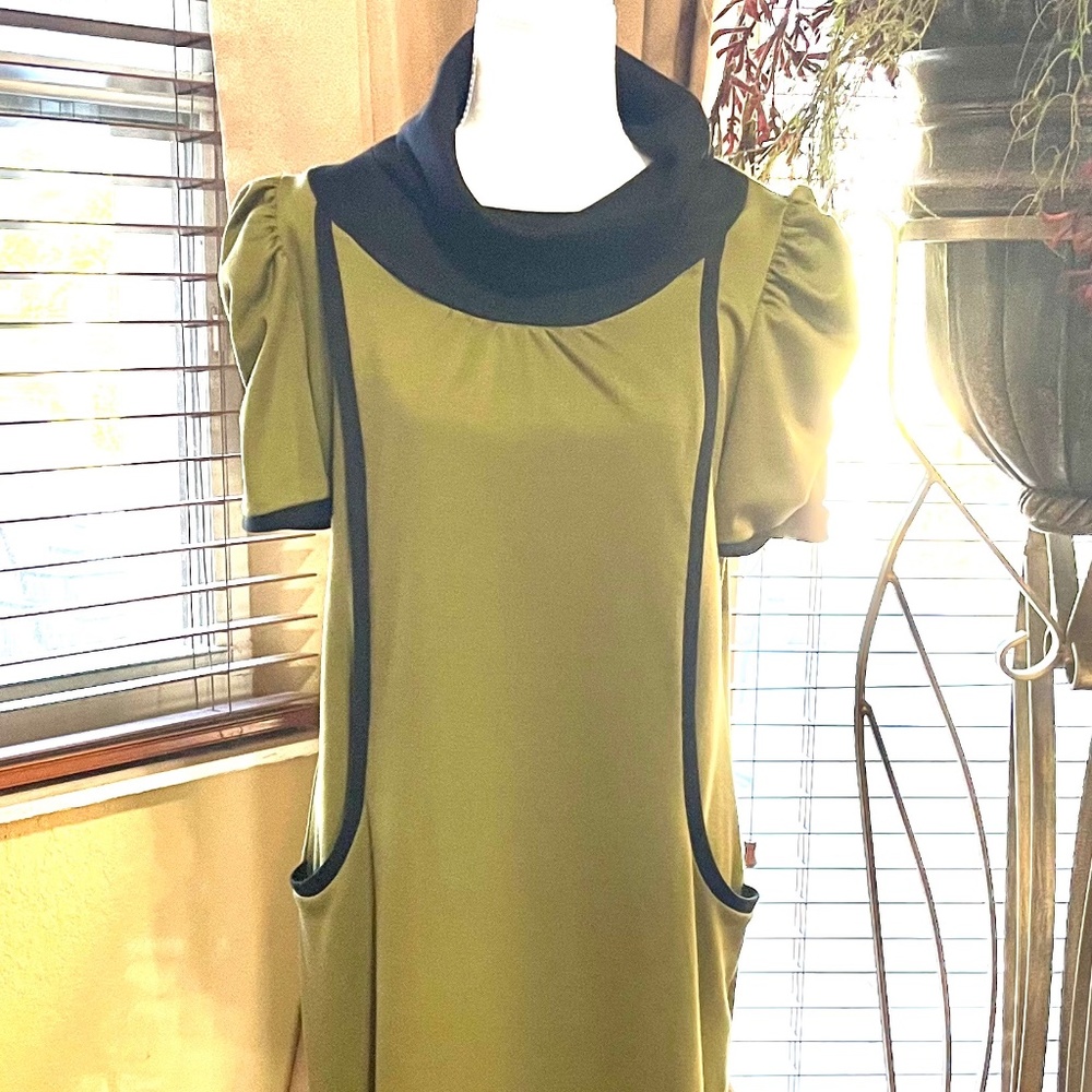 Scarlett Olive Green Midi Dress with Black Trim